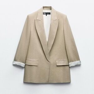 Zara linen blend roll up sleeve open front blazer
